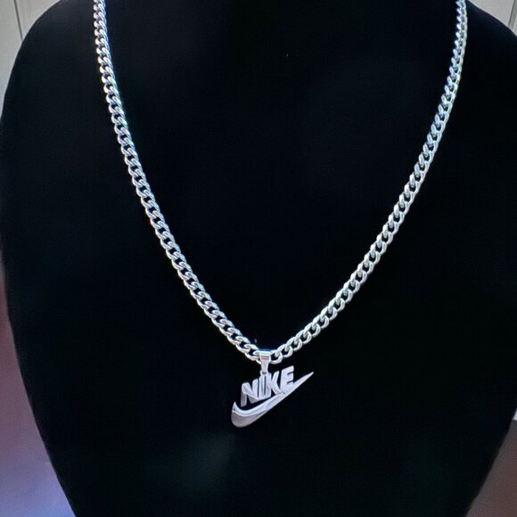 Nike Swoosh Necklace - 22 Inch Chain - 5mm Cuban - Handmade - Silver Plated - Picture 2 of 2